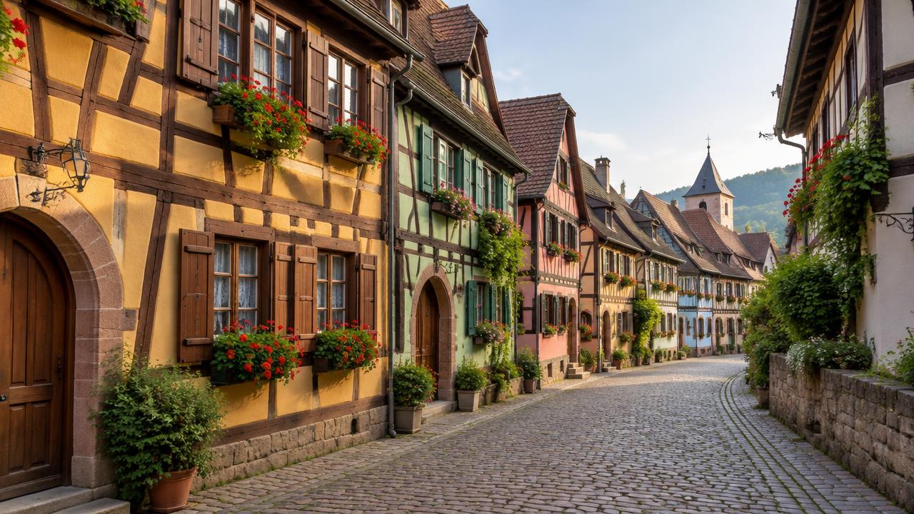 Half-timbered houses lining a village street in Alsace
