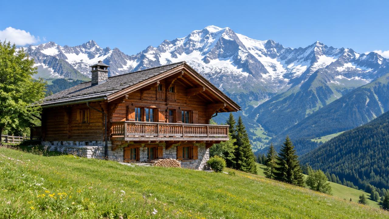 Alpine chalet with mountain peaks behind it in Auvergne-Rhône-Alpes