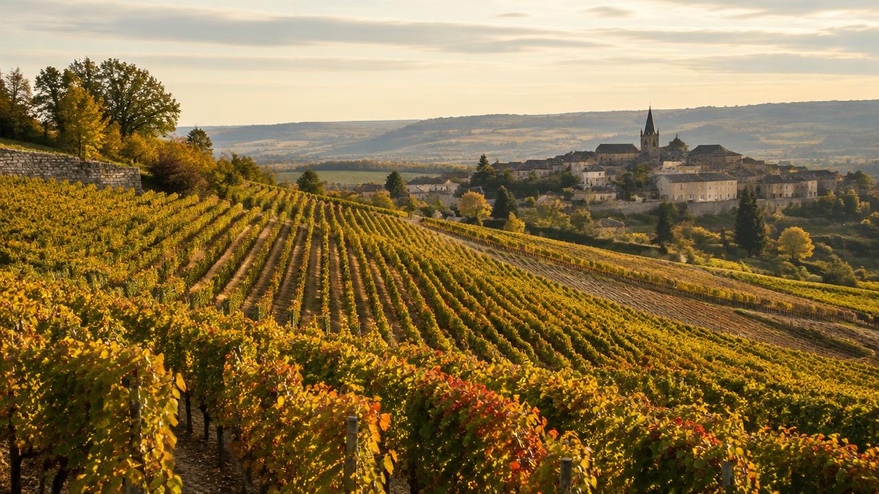 Vineyard rows on a hillside in Burgundy