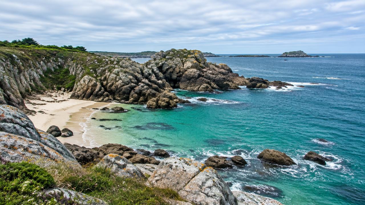 Rocky Brittany coastline with a sandy cove below