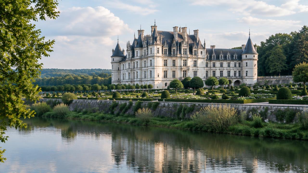Loire valley château seen across formal gardens