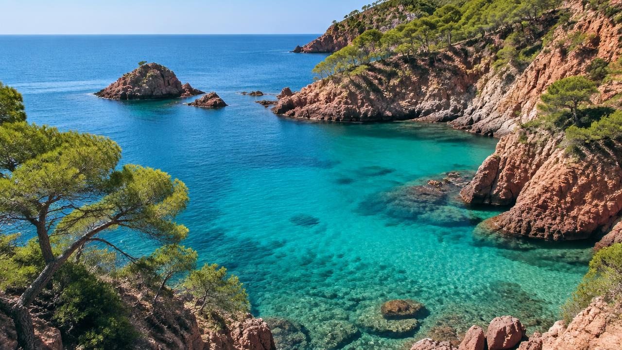 Turquoise cove backed by rocky hills in Corsica
