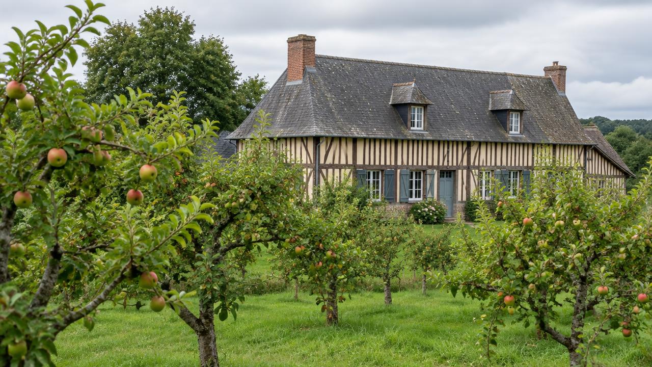 Half-timbered Normandy farmhouse behind an apple orchard