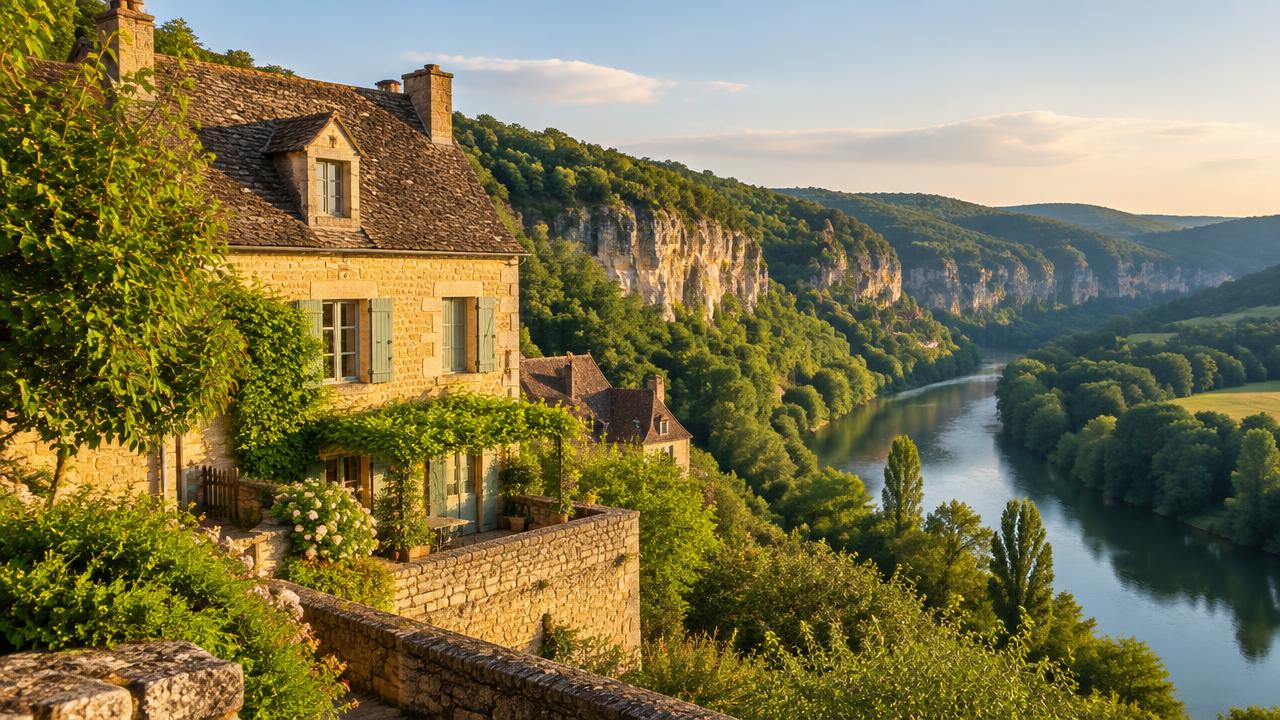 Stone village house above a river valley in the Dordogne
